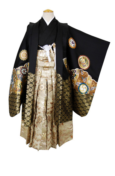 五歳祝い着セット 黒地(雪輪に鳳凰、竹梅)袴金茶