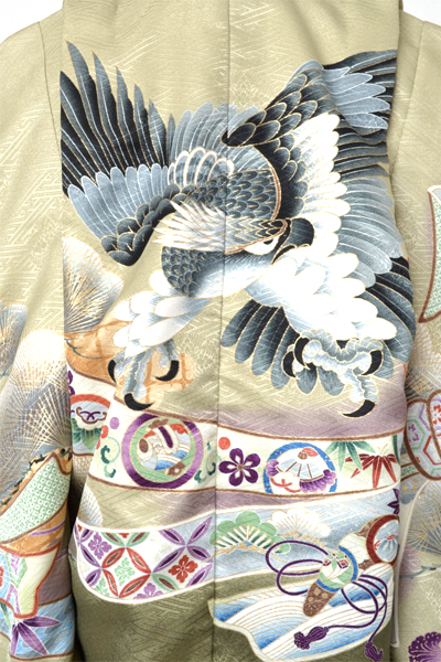 5歳祝着[緑色・鷹、束ね熨斗]