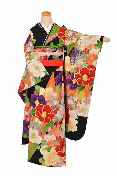 振袖(黒地、椿)