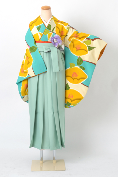 卒業袴[紅一点・エメラルドグリーン地に椿］