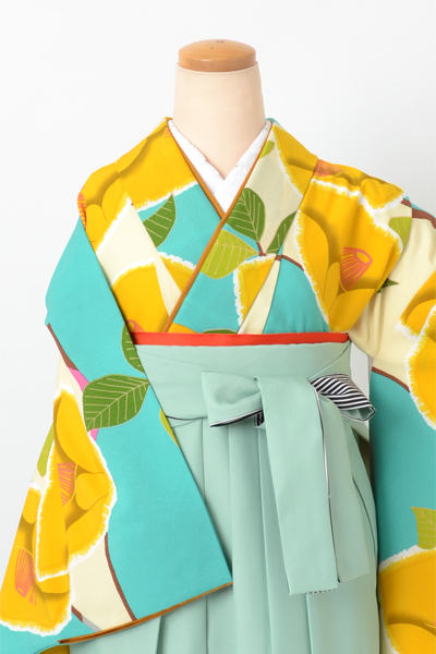 卒業袴[紅一点・エメラルドグリーン地に椿］