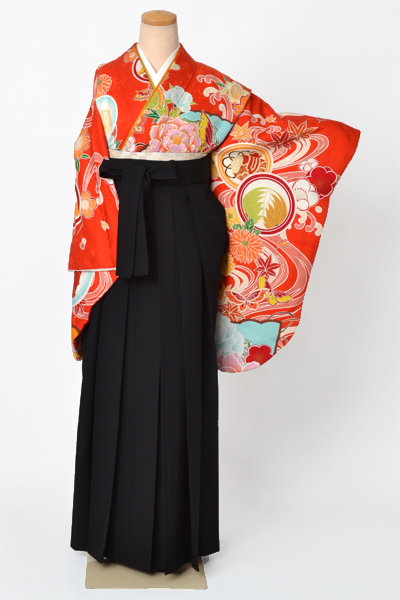 卒業袴［朱色・牡丹×無地］