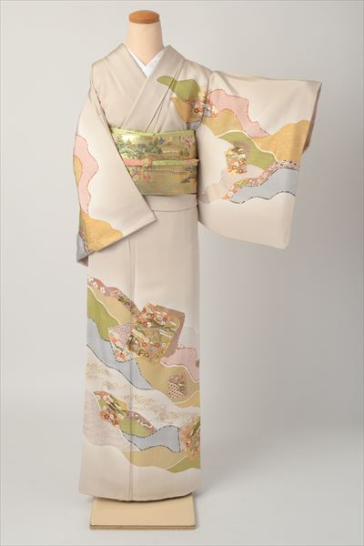 訪問着［生成りの道長裂模様］