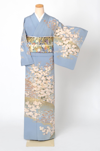 訪問着[薄群青色・菊]