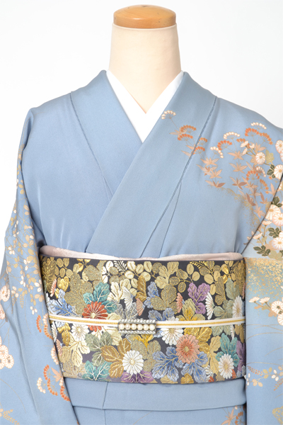 訪問着[薄群青色・菊]