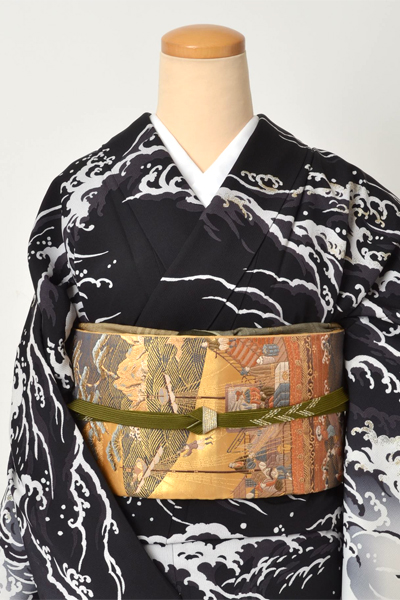 訪問着[黒地の波頭模様 ]