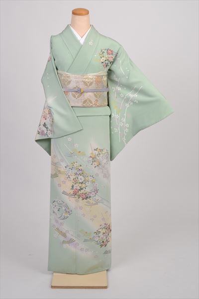 訪問着［ﾍﾟﾊﾟｰﾐﾝﾄｸﾞﾘｰﾝの花の丸模様］