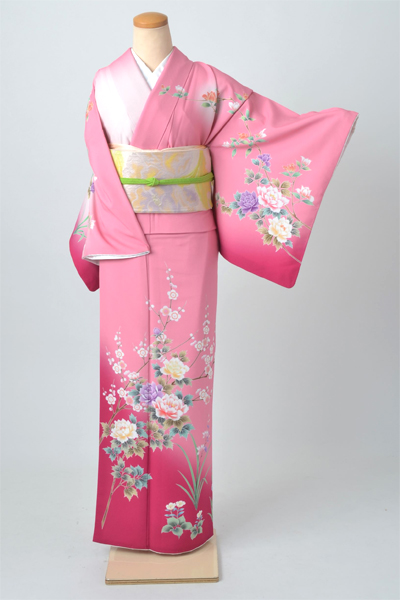 訪問着［牡丹色のグラデーション地に牡丹模様］