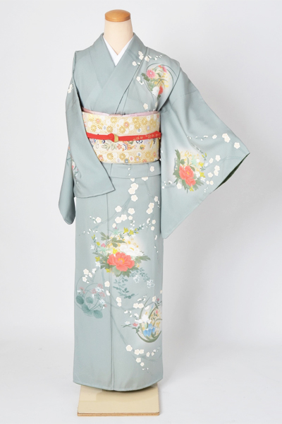 訪問着「グレーに牡丹模様」