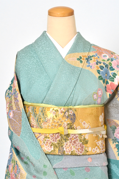 訪問着[青緑色地に牡丹、鴛鴦模様]