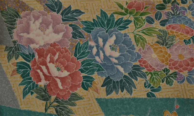 訪問着[青緑色地に牡丹、鴛鴦模様]