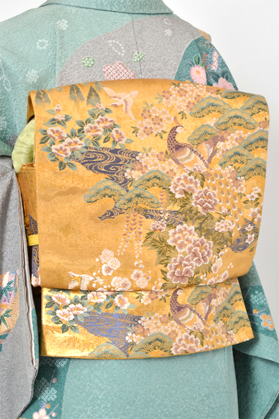 訪問着[青緑色地に牡丹、鴛鴦模様]