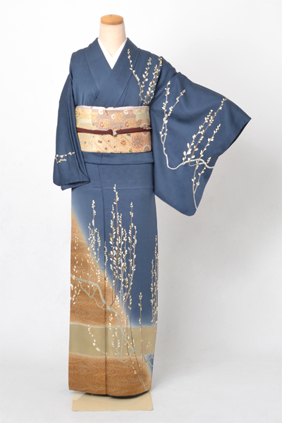 訪問着[青・猫柳]