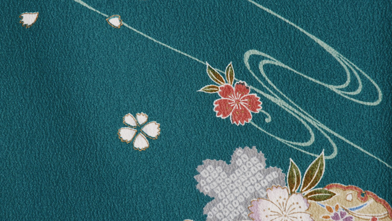 小紋［青色地の流水に桜模様］