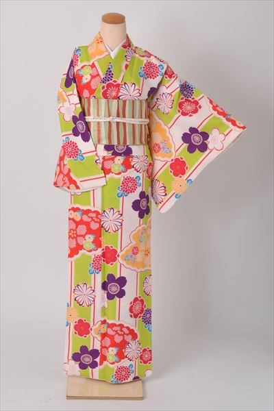 小紋［若草色と白地の花模様］