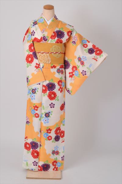 小紋［みかん色に花模様］