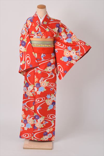 小紋［赤地に流水と菊模様］