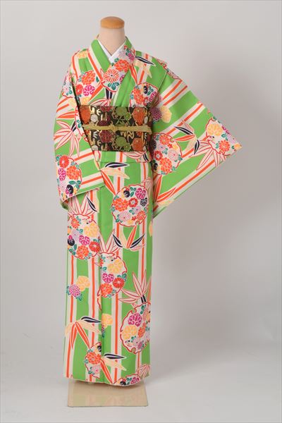 小紋［緑の縞に笹と雪輪模様］