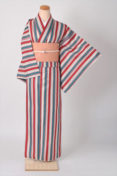 小紋［青緑・赤・白の縞模様］