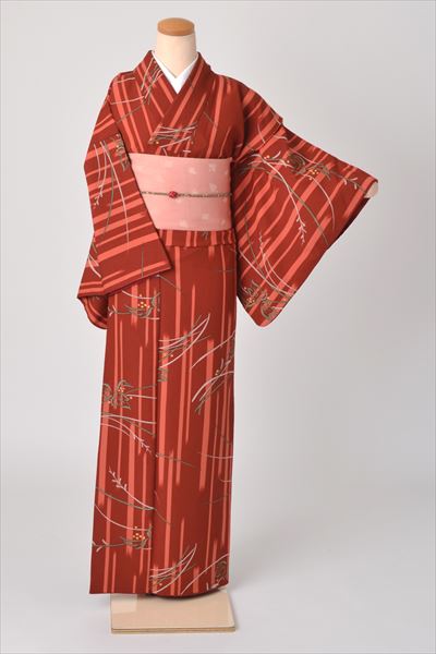 小紋［臙脂色の草花模様］