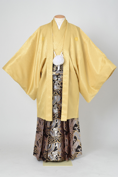 男物紋付・羽織(金茶紋付・茶系ぼかし袴)