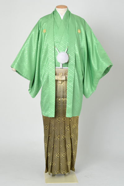 男物紋付・羽織(グリーン紋付・金系袴)