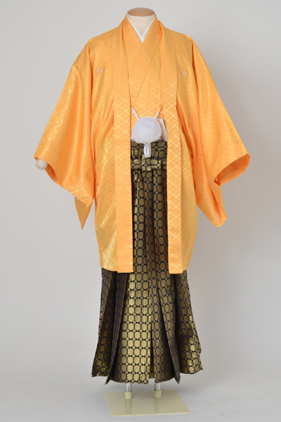 男物紋付・羽織(黄色紋付・金系袴)