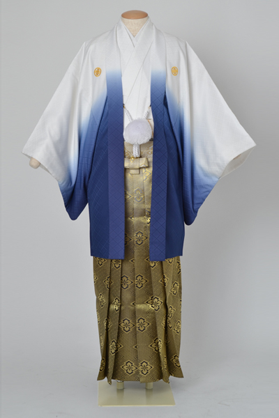 男物紋付・羽織(紺白ぼかし・金系袴)