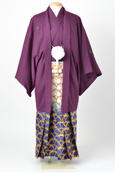 男物紋付・羽織(紫・紋付・ブルーぼかし、金露芝柄)