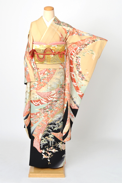 単衣振袖［熨斗目に波頭模様］