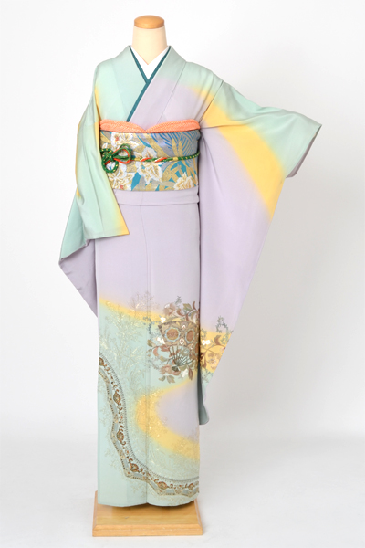 単衣振袖［薄紫色地に扇］