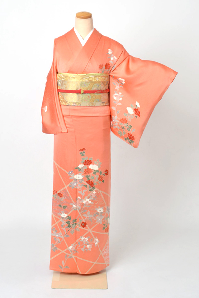 単衣訪問着[朱色地の牡丹模様]