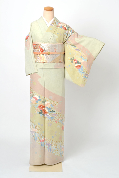 単衣訪問着[うす緑色地のあやめ模様]