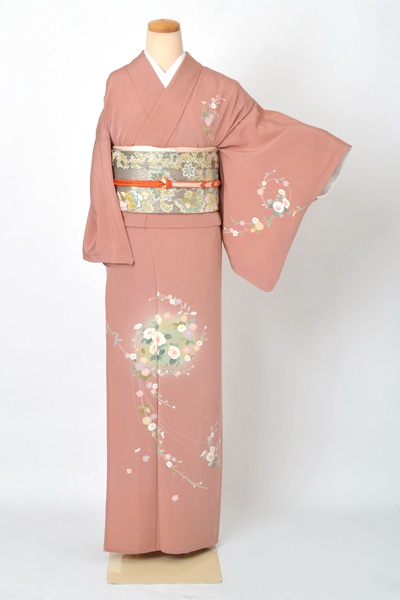 単衣訪問着[珊瑚色地の花輪模様]