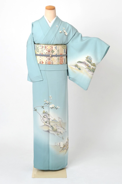 単衣訪問着[水色地の風景模様]