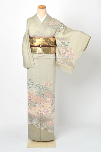 単衣訪問着[モスグリーン地の花模様]