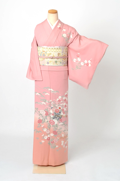 単衣訪問着[ピンク地の花かご模様]