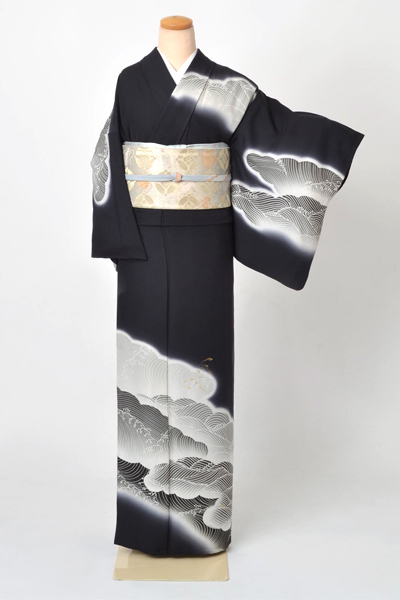 単衣訪問着[黒地の波模様]