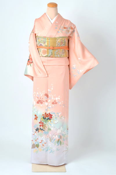 単衣訪問着［桃色の花模様］