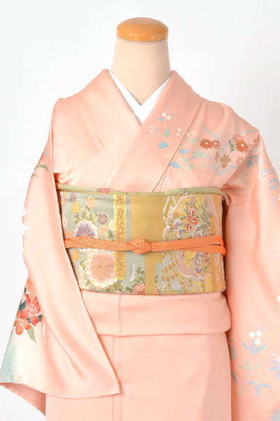 単衣訪問着［桃色の花模様］