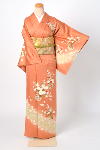 単衣訪問着［朱色地の花篭模様］