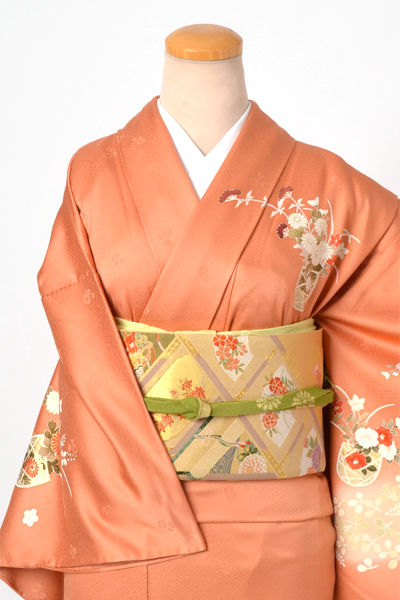 単衣訪問着［朱色地の花篭模様］