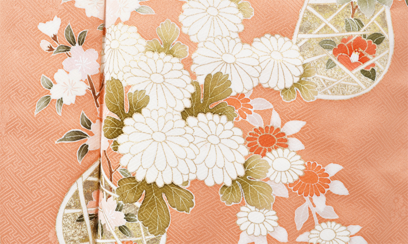 単衣訪問着［朱色地の花篭模様］