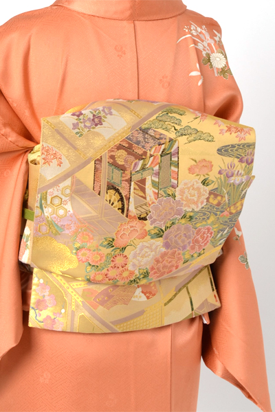 単衣訪問着［朱色地の花篭模様］