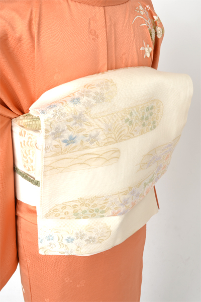 単衣訪問着［朱色地の花篭模様］