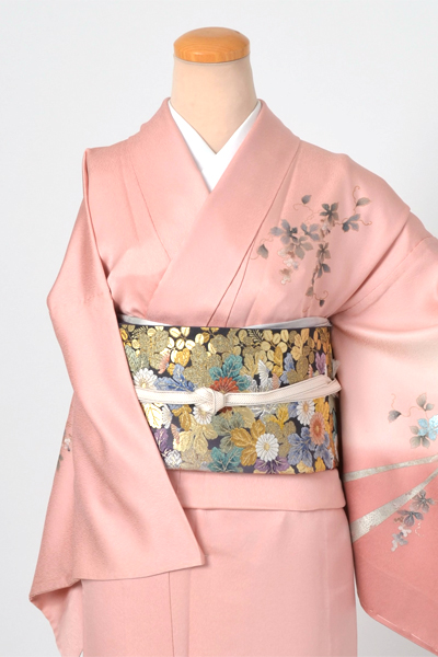 単衣訪問着［薄紅梅色のぶどう模様］