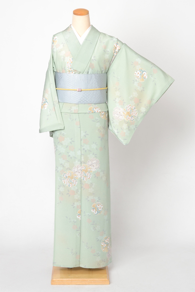 単衣小紋[白緑色の雪輪]