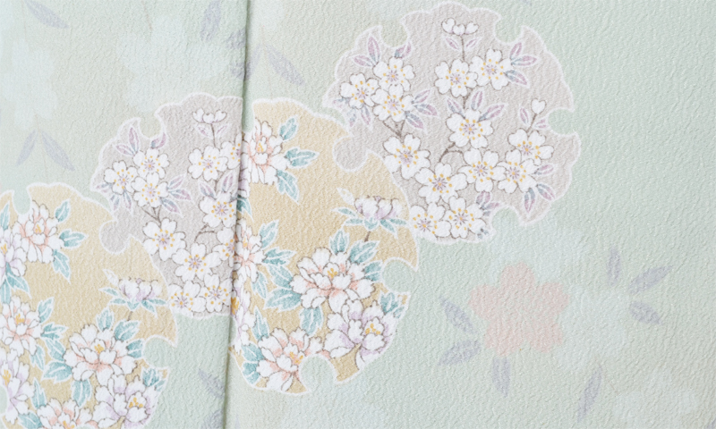 単衣小紋[白緑色の雪輪]