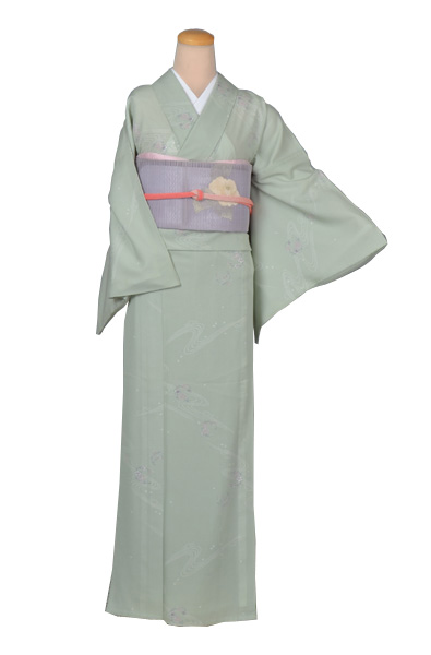 絽小紋(ペパーミントグリーン・流水に花)