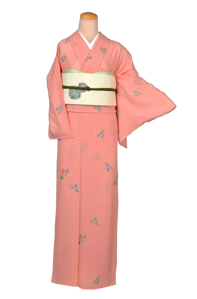 絽小紋(サーモンピンク・蝶)